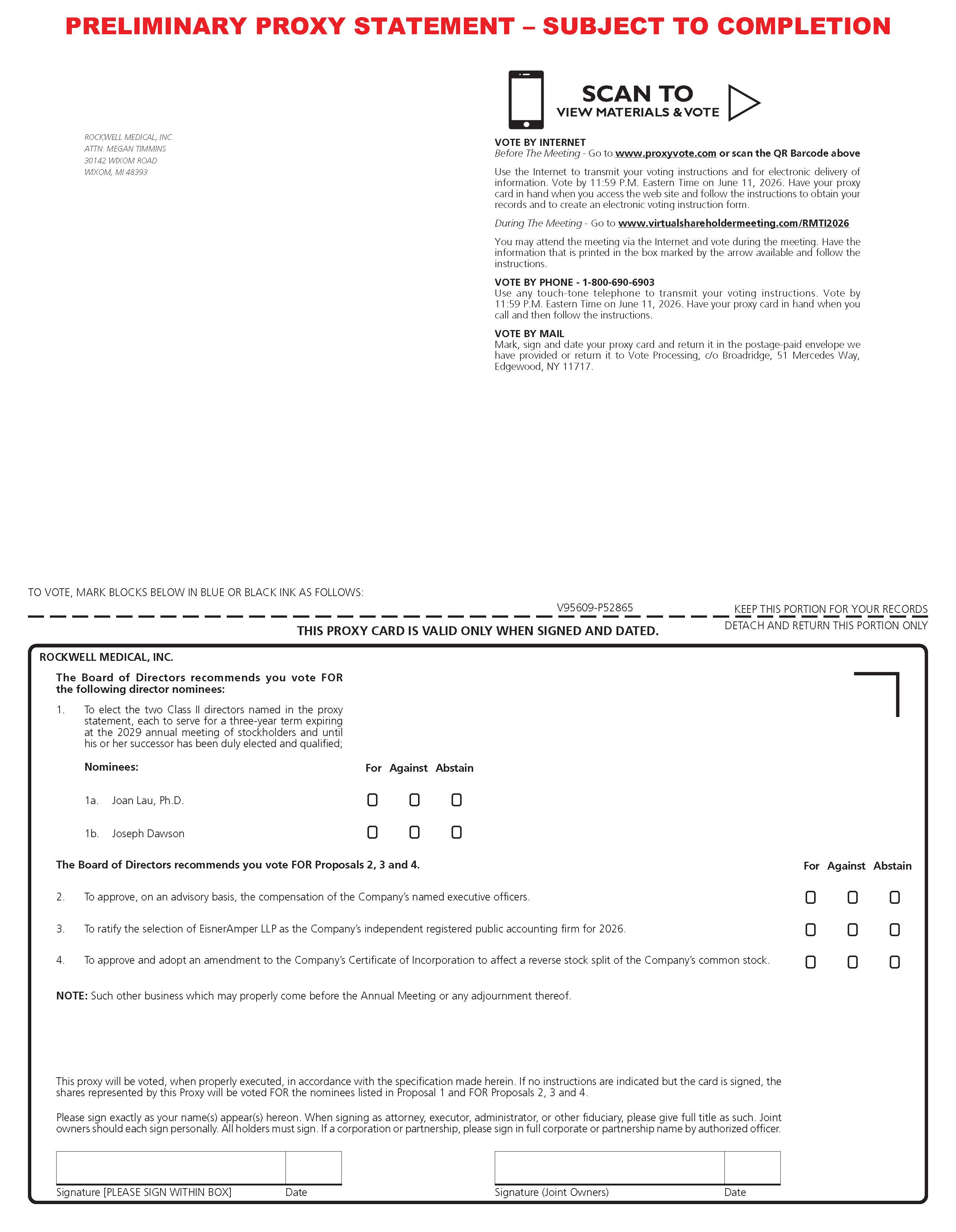Rockwell Medical 2026 PRELIMINARY PROXY STATEMENT – SUBJECT TO COMPLETION_Page_1.jpg
