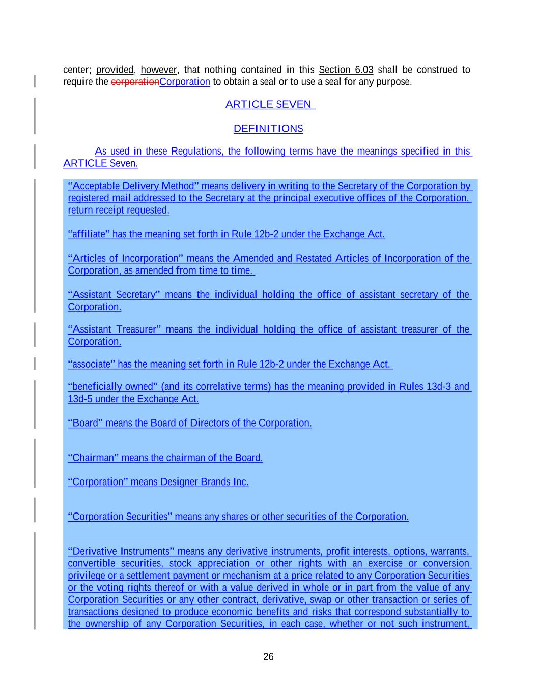 Litera Compare Redline - DSW Current Regulations and DBI - Second Amended and Restated Code of Regulations of DBI (10 3) (3 16 EC Updates) (TH Updated 3-18-26)-4899-9249-0137-v1026.jpg